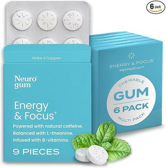 Neurogum Energy Caffeine GUM (54 Pieces) - Sugar Free with L-Theanine + Caffeine + Vitamin B12 & B6 - Nootropic Energy & Focus Supplement for Women & Men - Peppermint Flavor (Packaging May Vary)